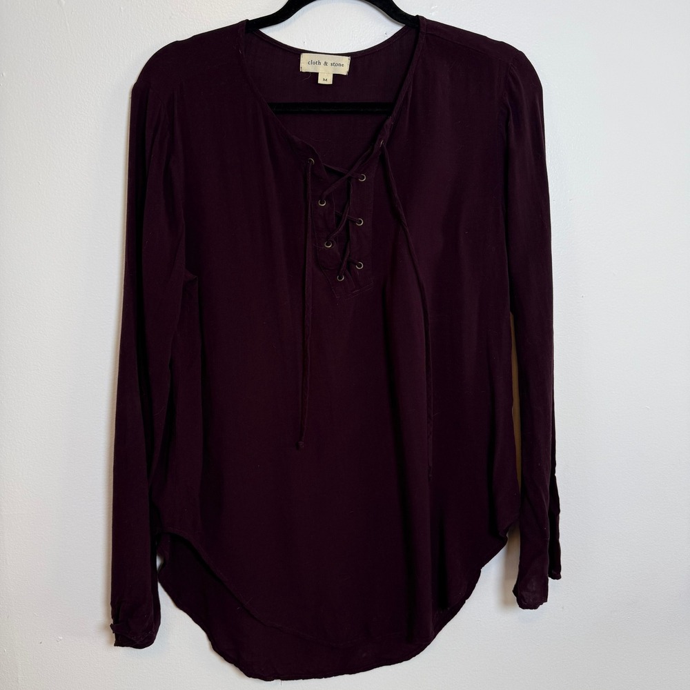 Cloth & Stone Plum Burgundy Lace Up Long Sleeve‎ Rayon Tunic Top M - Picture 2 of 8